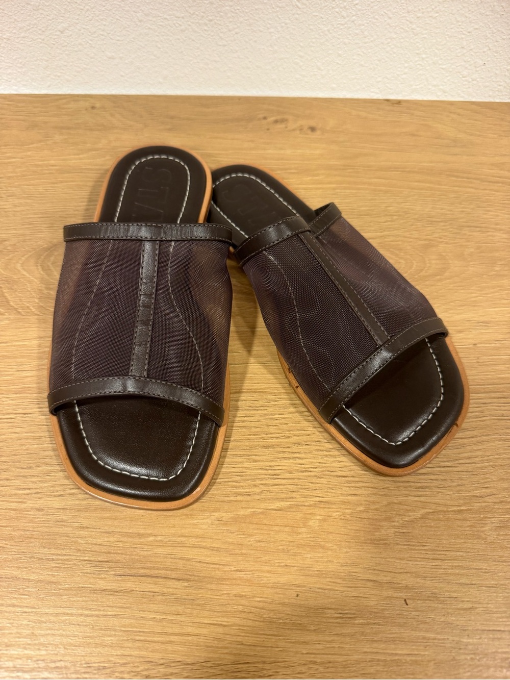 STAUD woman’s  Brown Slide Sandals with Tan Trim